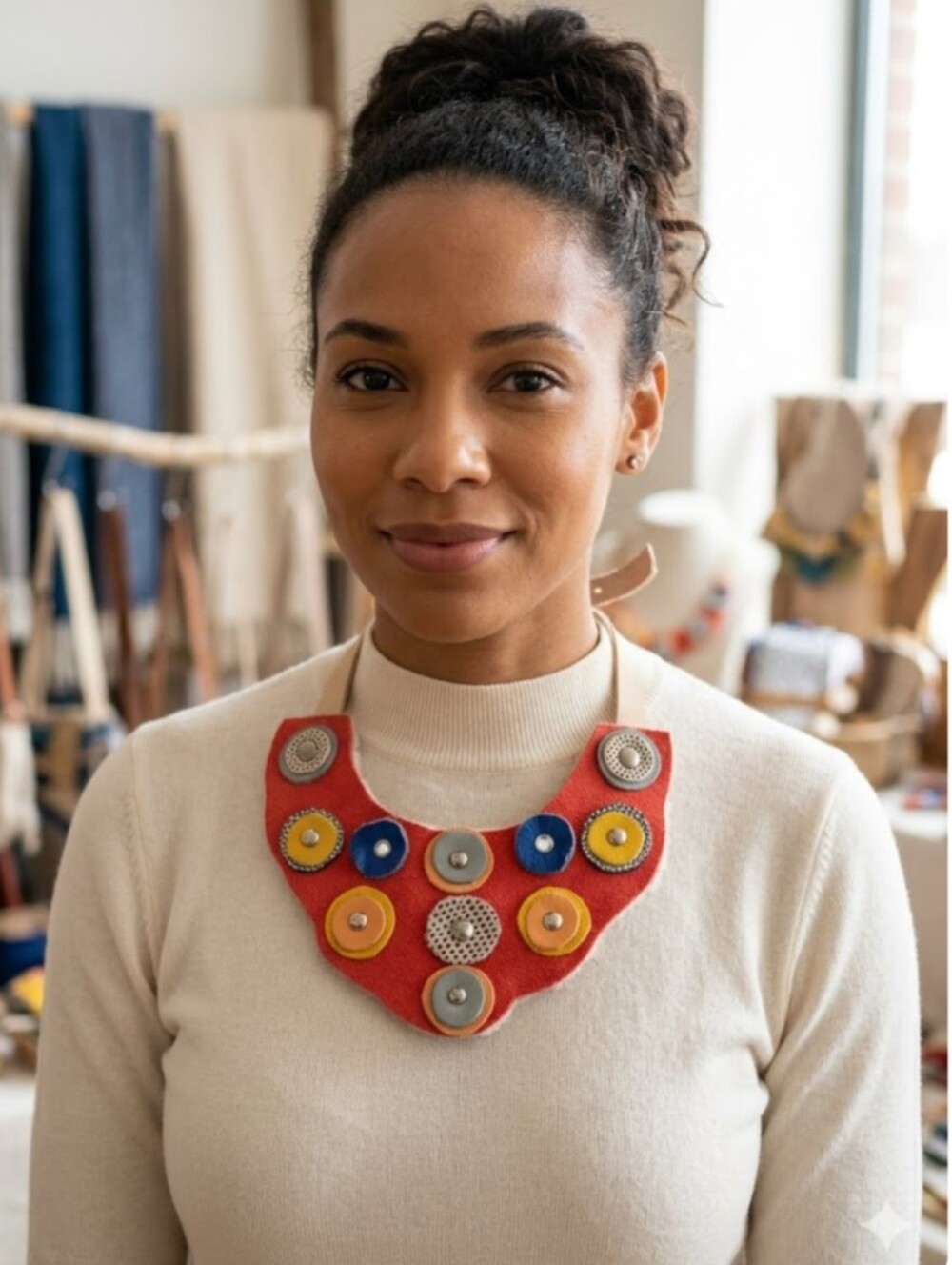 Handmade Genuine Shearling Statement Necklace-Coral/Ivory/Multicolor